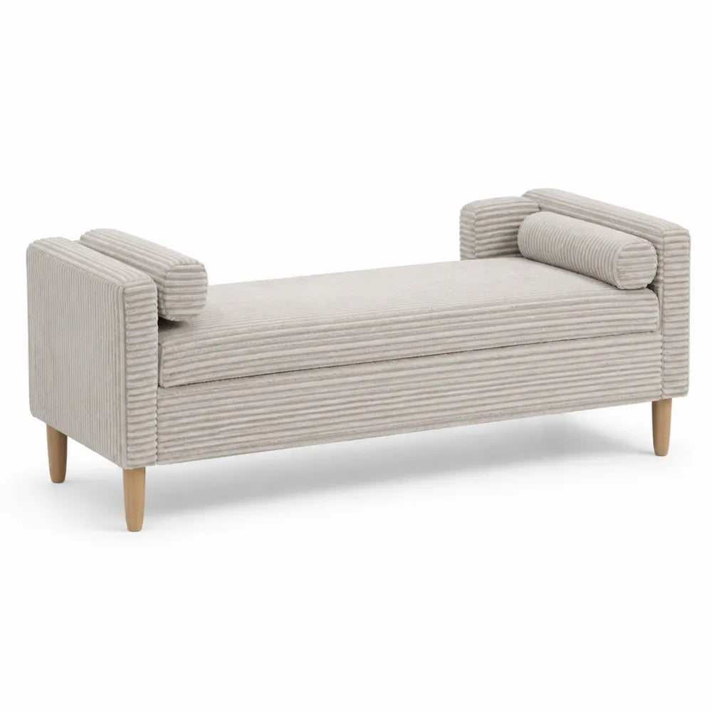 Panca in tessuto a coste beige con gambe in legno