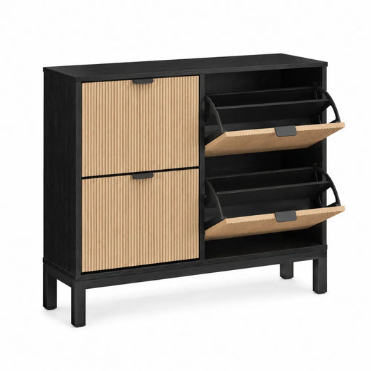 Scarpiera in Legno e Metallo Nero e Rovere con 4 Scomparti