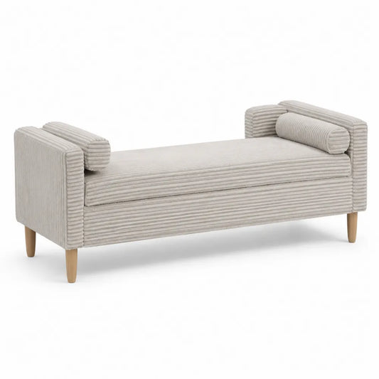 Panca in tessuto a coste beige con gambe in legno
